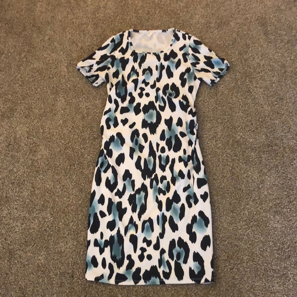 Pink blush leopard midi tight maternity dress